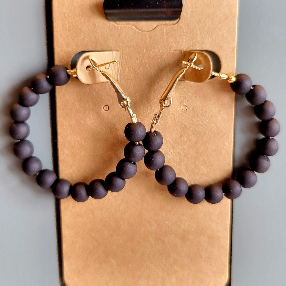 Black Beaded Hoop Earrings Gold Tone Latch Back 1.5" NWT Boho Statement 1980's